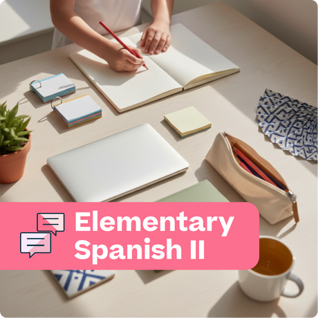 Person studying with books and stationery on a table, labeled 'Elementary Spanish II'.