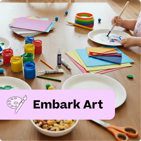 Children's art supplies on a table with 'Embarq Art' branding.