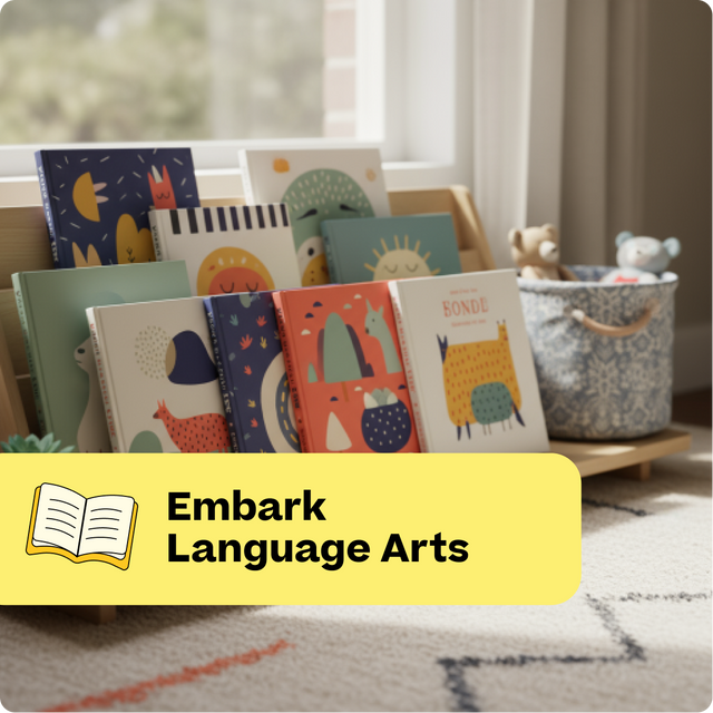 Children's books with colorful covers on a shelf in a room setting, featuring the text 'Embark Language Arts'.