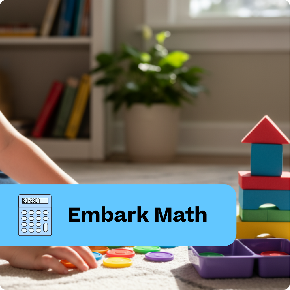 Child playing with colorful math toys on a carpeted floor, with 'Embark Math' branding.