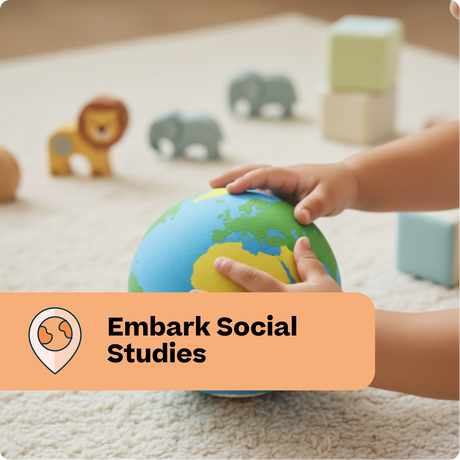 Child holding a small globe with toys in the background and 'Embrace Social Studies' text overlay.