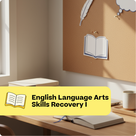 Educational setting with a desk, books, and a corkboard with a book icon, labeled 'English Language Arts Skills Recovery I'.
