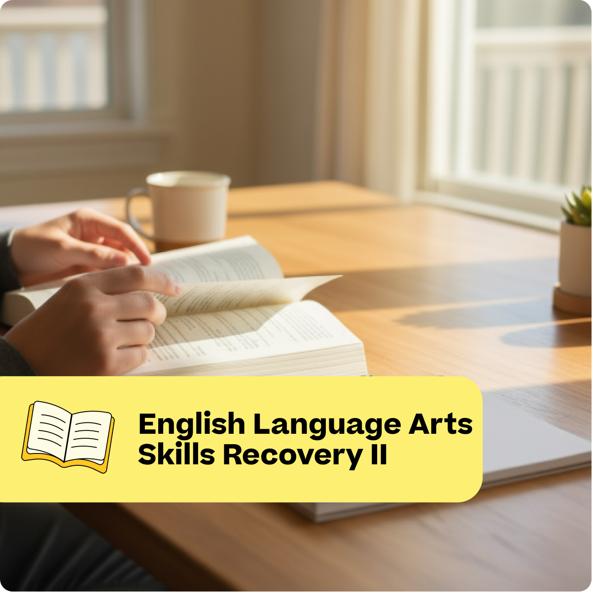 Person reading a book with a cup of coffee on a wooden table, labeled 'English Language Arts Skills Recovery II'.