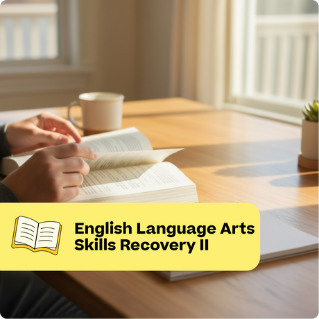Person reading a book with a cup of coffee on a wooden table, labeled 'English Language Arts Skills Recovery II'.
