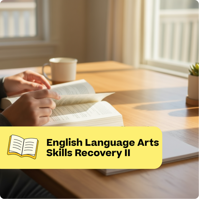 Person reading a book with a cup of coffee on a wooden table, labeled 'English Language Arts Skills Recovery II'.