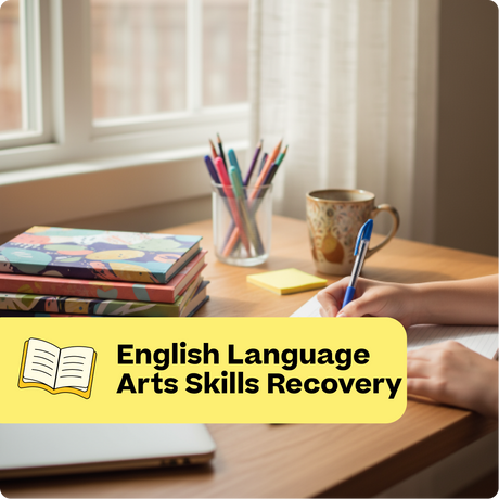 Person studying with books and a laptop on a desk, with text overlay about English Language Arts Skills Recovery.