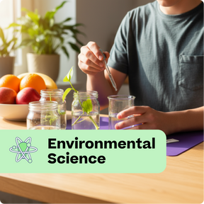Person conducting a science experiment with plants and jars on a table, labeled 'Environmental Science'.