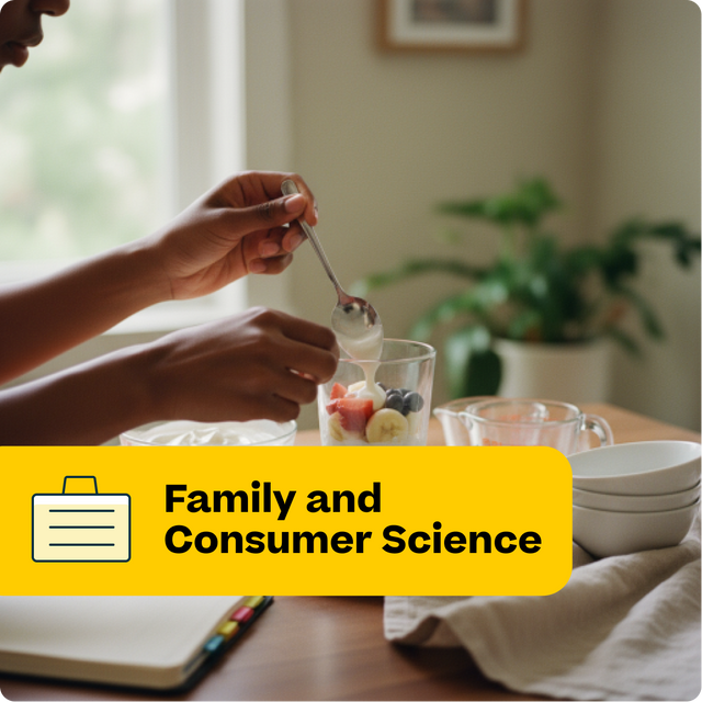 Person eating a bowl of fruit with a spoon, with a yellow banner at the bottom labeled 'Family and Consumer Science'.