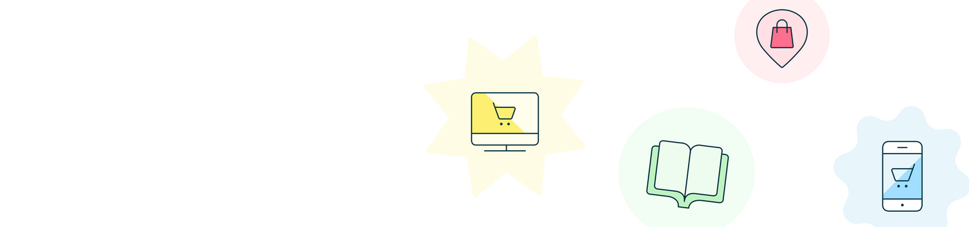 Set of icons including a shopping cart, lock, book, and smartphone on a white background.