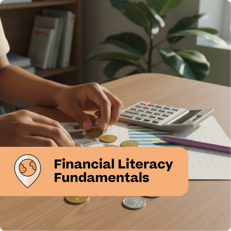 Person counting coins with a calculator and books on a table, labeled 'Financial Literacy Fundamentals'.