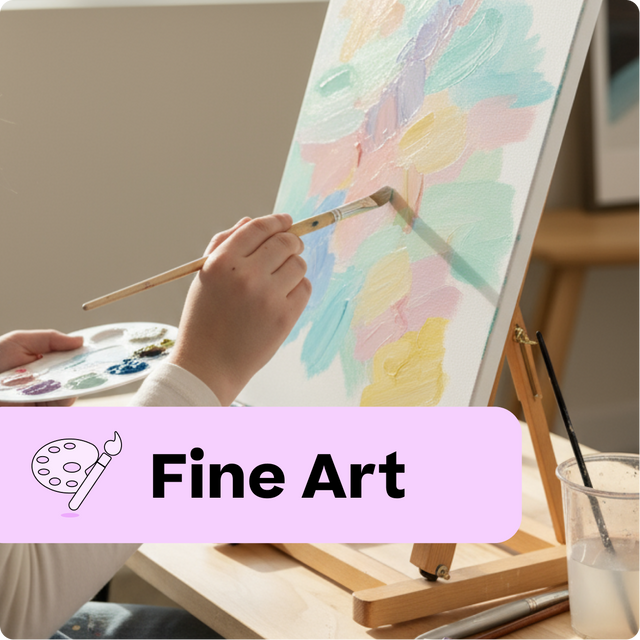 Person painting on an easel with a palette, featuring the text 'Fine Art'.