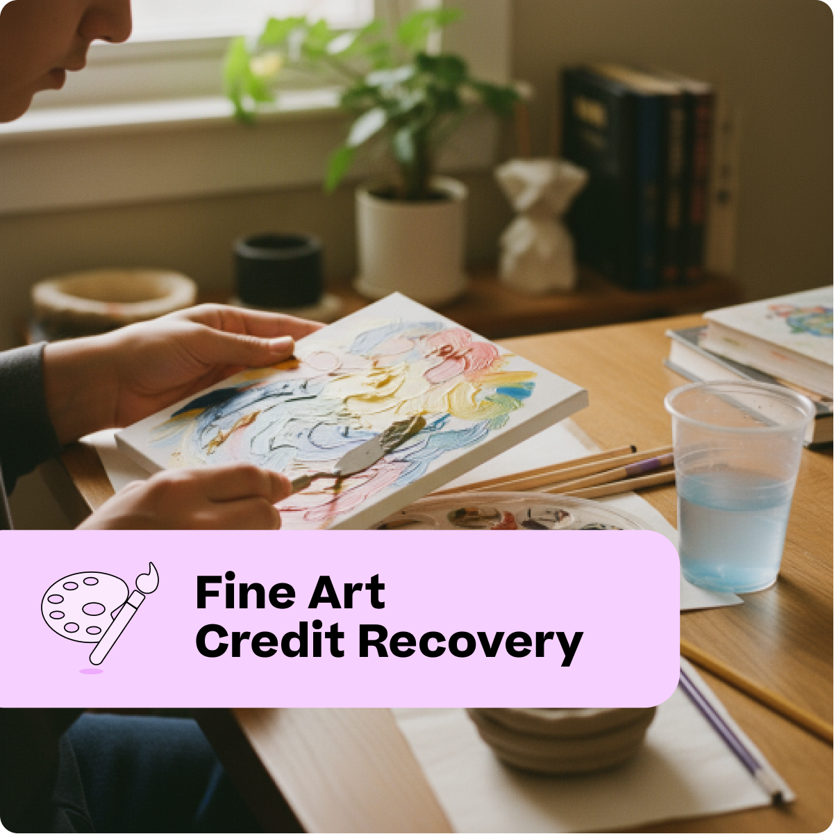 Person painting in a studio with art supplies and a window in the background, labeled 'Fine Art Credit Recovery'.