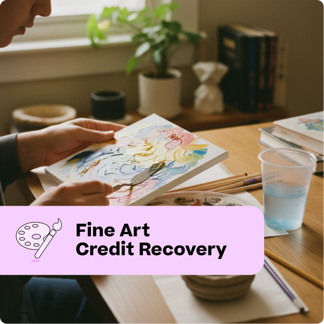 Person painting in a studio with art supplies and a window in the background, labeled 'Fine Art Credit Recovery'.