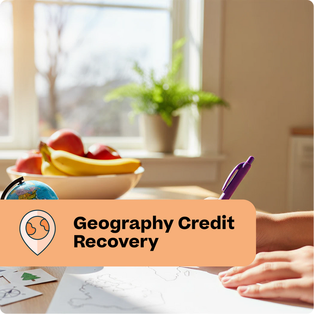 Person studying with a globe and 'Geography Credit Recovery' text overlay in a home setting.
