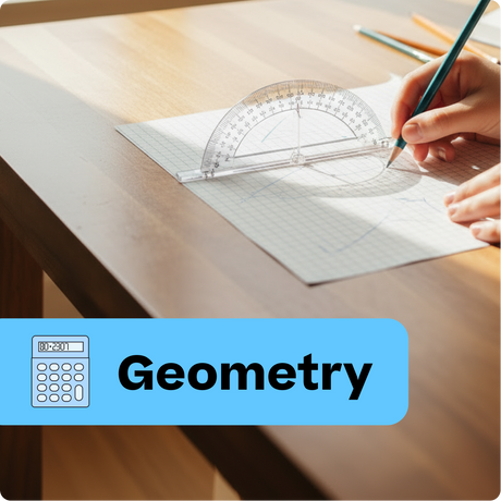 Person using a protractor and ruler on paper with 'Geometry' text overlay