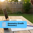 Person working on a laptop with geometry credit recovery materials outdoors.