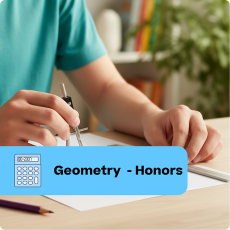 Person working on geometry homework with a compass and calculator, labeled 'Geometry - Honors'.