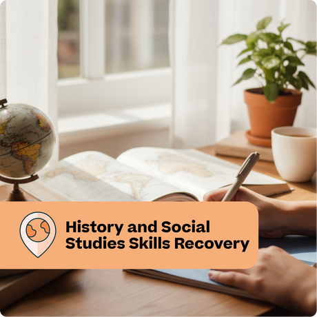 Person studying with books and a pen on a desk, with a globe and plant in the background.