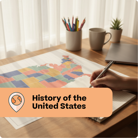 Person coloring a map of the United States with colored pencils on a desk.
