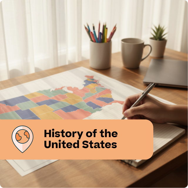 Person coloring a map of the United States with colored pencils on a desk.