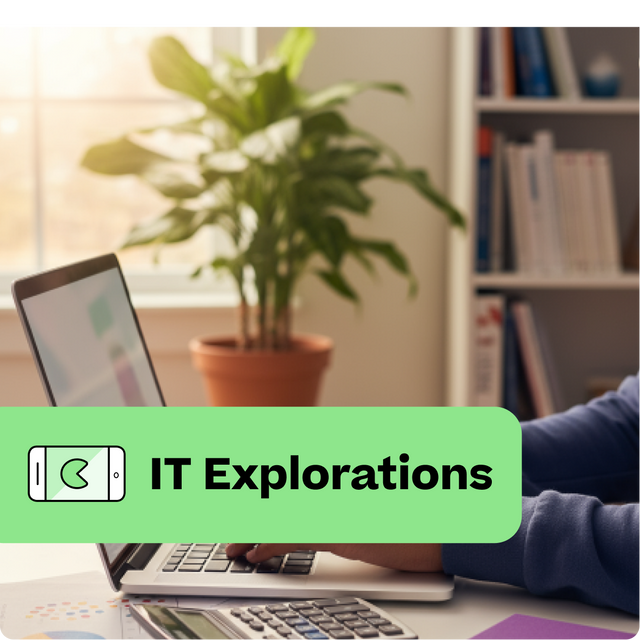 Person using a laptop with a plant and books in the background, featuring 'IT Explorations' text.
