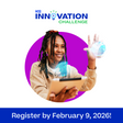 Promotional image for K12 Innovation Challenge with a person holding a tablet and a glowing object, set against a purple circle on a white background.