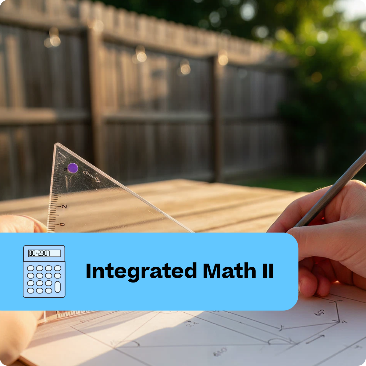 Person working on math problems with a calculator and ruler, outdoors.