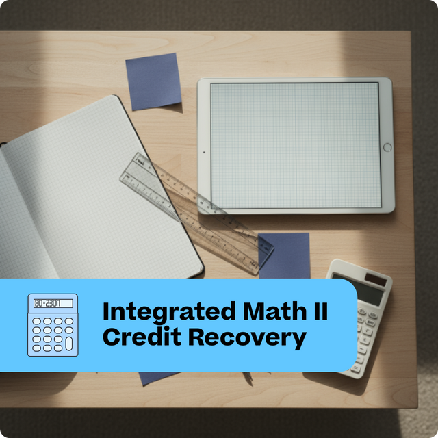 Educational materials including a tablet, notebook, and calculator on a wooden surface with 'Integrated Math II Credit Recovery' text overlay.