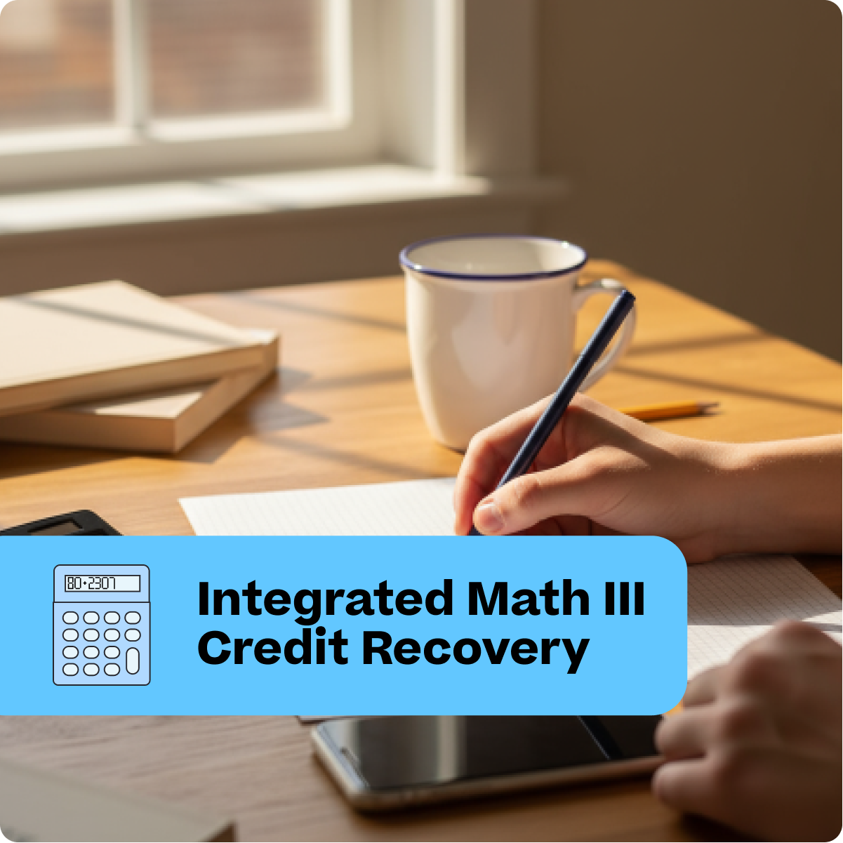 Person studying at a desk with books, a mug, and a calculator on a table.