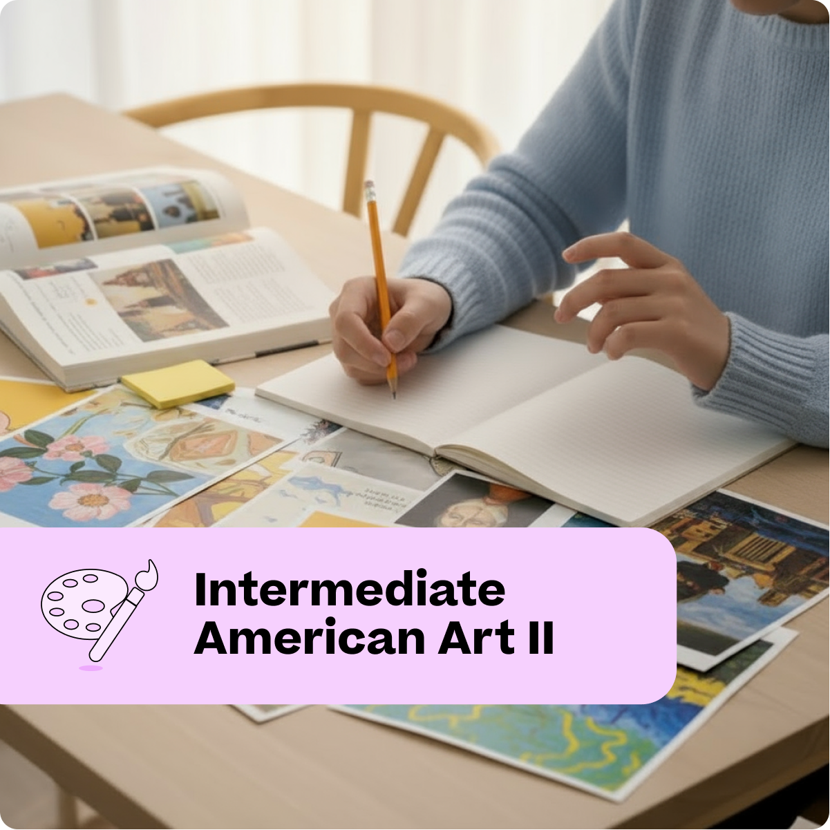 Person studying American Art II with books and art materials on a table.