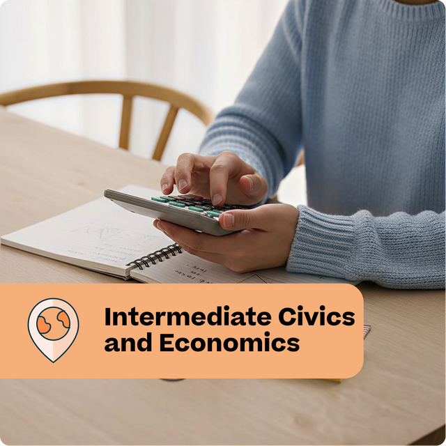 Person using a calculator with an open book on a table, labeled 'Intermediate Civics and Economics'.