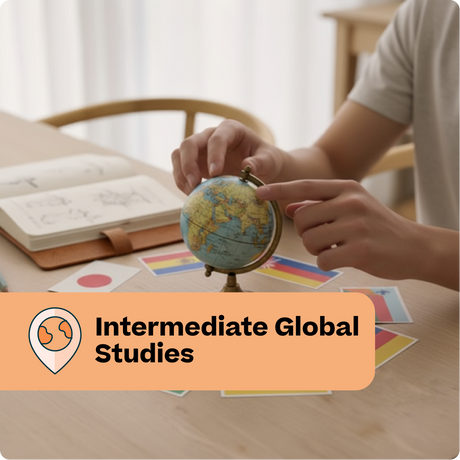 Person holding a small globe with educational materials on a table, labeled 'Intermediate Global Studies'.