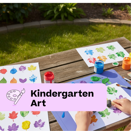 Children painting colorful leaves on paper outdoors with art supplies.