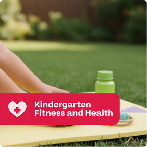 Child sitting on a mat outdoors with a green bottle, text 'Kindergarten Fitness and Health' overlay.