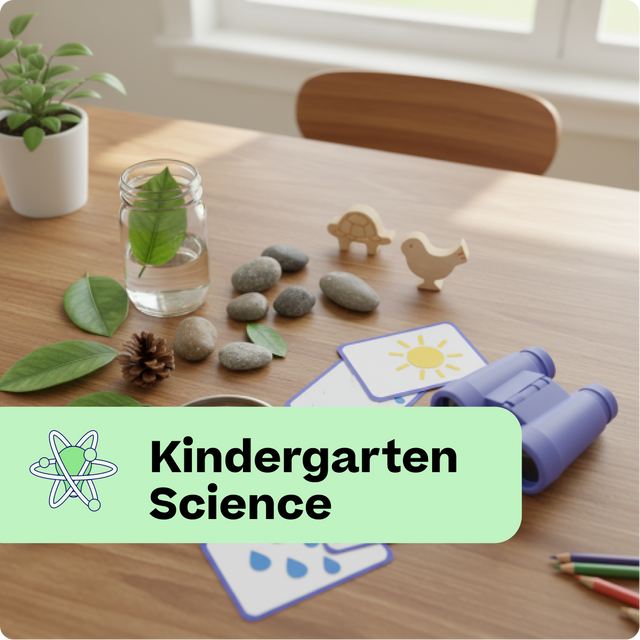 Educational items on a table with 'Kindergarten Science' text overlay