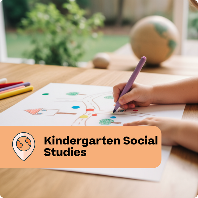 Child drawing on paper with colored pencils, labeled 'Kindergarten Social Studies'.