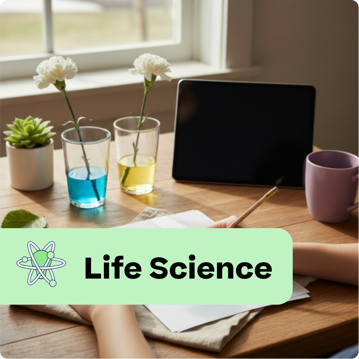 Desk with tablet, flowers, and a cup of coffee with 'Life Science' label.