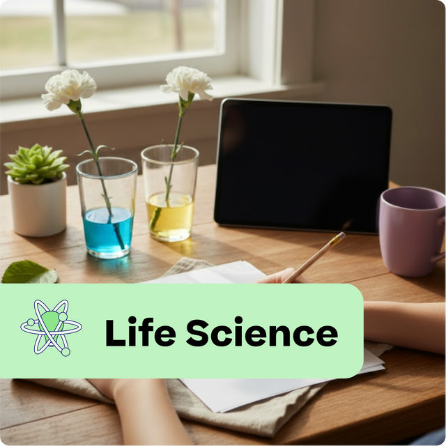 Desk with tablet, flowers, and a cup of coffee with 'Life Science' label.