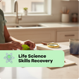Person examining leaves in a kitchen with 'Life Science Skills Recovery' text overlay.
