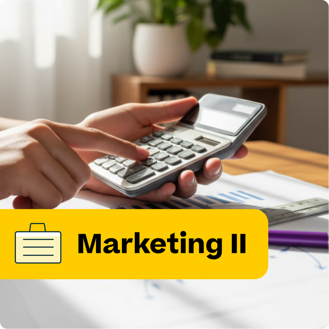 Person using a calculator with educational materials and a plant in the background, labeled 'Marketing II'.