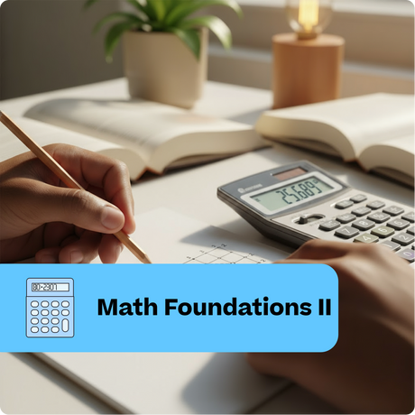 Person using a calculator and pencil on a desk with books and a plant, labeled 'Math Foundations II'.