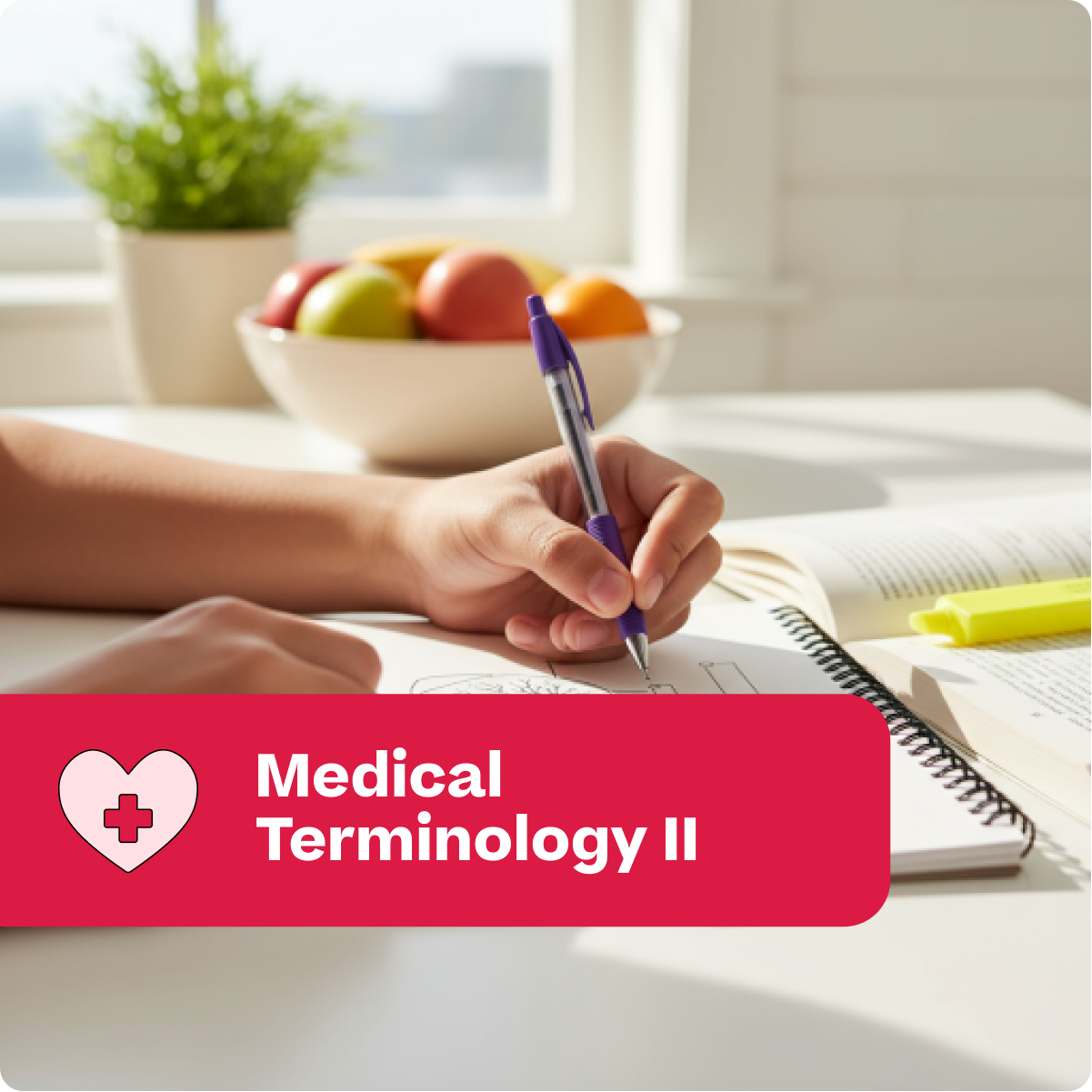Person studying medical terminology with a bowl of fruits and a plant in the background