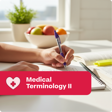 Person studying medical terminology with a bowl of fruits and a plant in the background