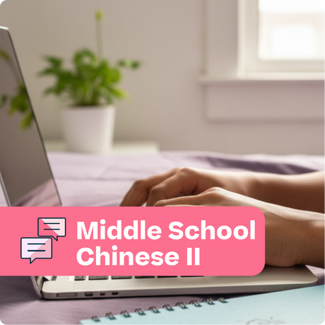 Person using a laptop with a pink banner displaying 'Middle School Chinese II' in a home setting.