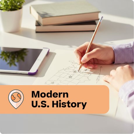 Person studying modern U.S. history with books and a tablet on a desk.