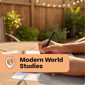 Person writing in a notebook outdoors with 'Modern World Studies' text overlay