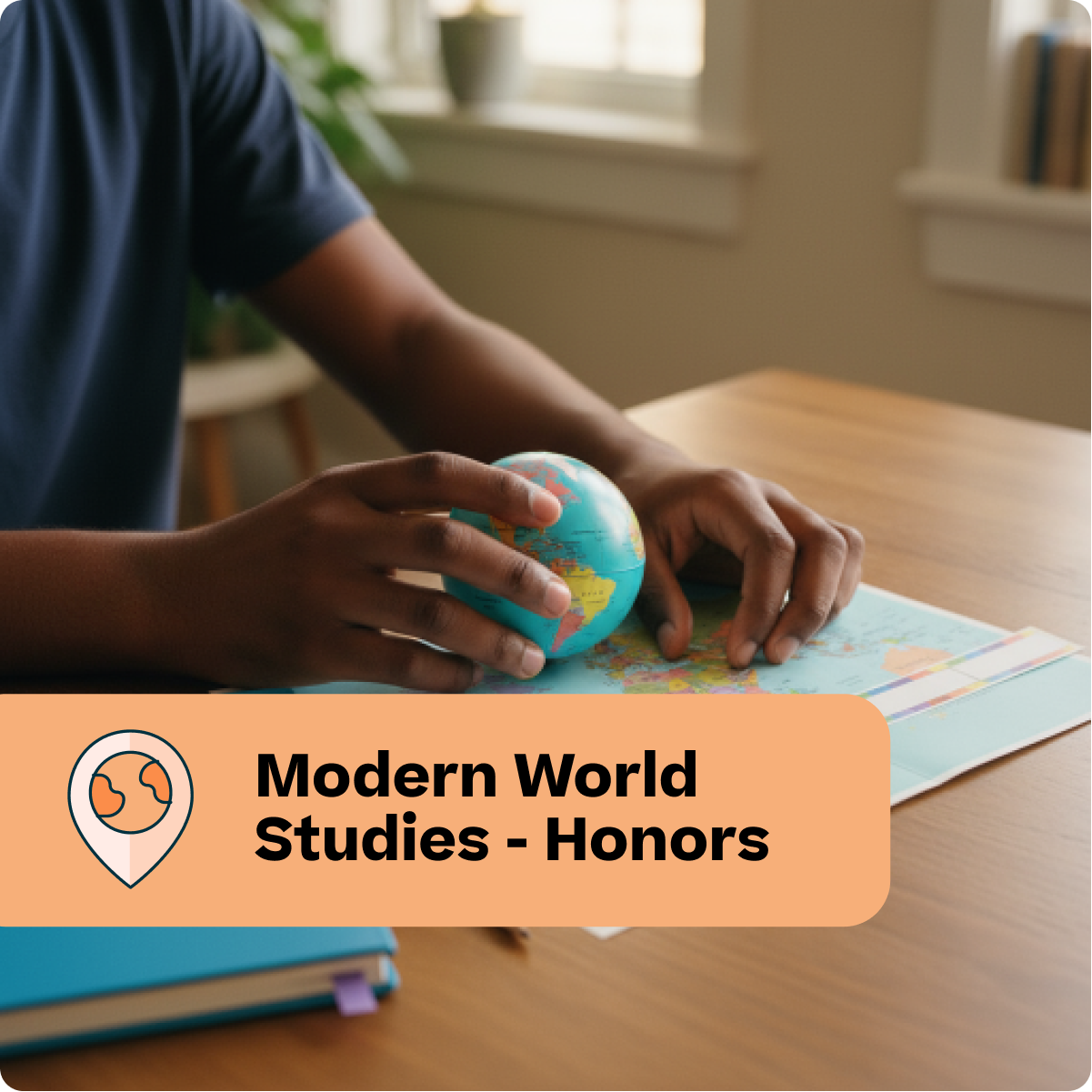 Person holding a small globe on a map with 'Modern World Studies - Honors' text overlay.