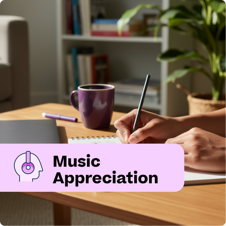 Person writing in a notebook with a mug and tablet on a table, labeled 'Music Appreciation'.