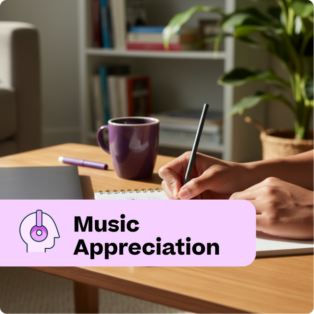 Person writing in a notebook with a mug and tablet on a table, labeled 'Music Appreciation'.