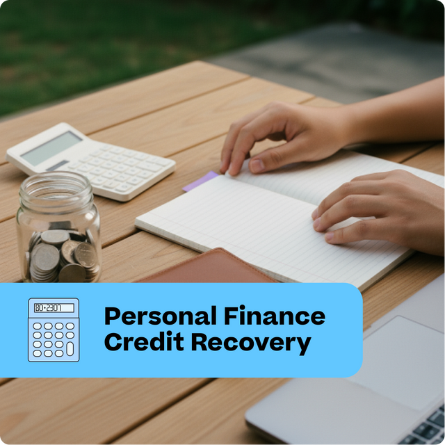 Person using a notebook with a calculator, jar of coins, and laptop on a wooden table, with 'Personal Finance Credit Recovery' text overlay.